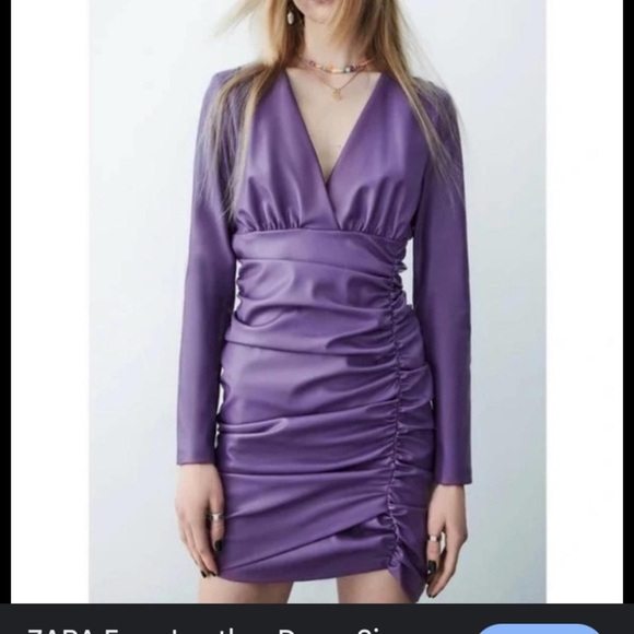 Purple Zara vegan stretch leather mini rouched dress size Small - Picture 2 of 3